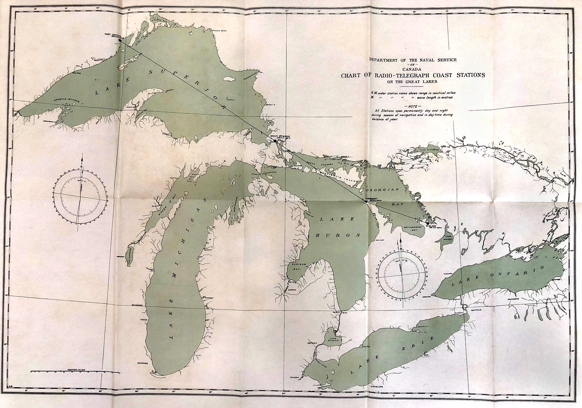 1912 Map of Great Lakes Canadian Radio-Telegraph Stations