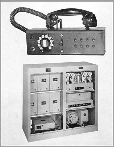 Photo of radio unit with covers open showing inside units and dynamotor. Also shown is the companion control unit with telephone dial and handset on a hanger.