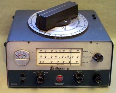 Direction-finding RX with compact loop antenna on top, 4 knobs, meter and slide-rule dial