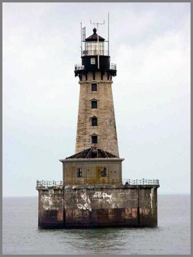 Close-up photo of the Stannard Rock Lighthouse in Lake Superior