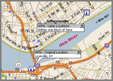 Map showing the original Louisville location near the I 65 bridge and the later Jeffersonville location at mile 601 on the Ohio River.