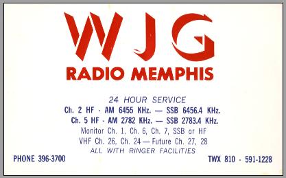WJG business card showing some of the AM and SSB frequencies.