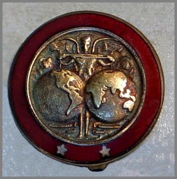 Image of a 2 star service pin showing the world as two hemispheres with an angle between