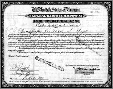Front of Bill Hope's FCC Second Class Radio Telegraph License.