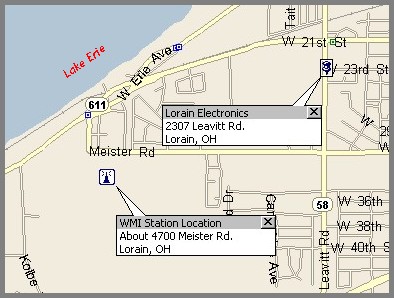 Partial map of Loraine, OH showing the WMI and Lorain Electronics locations. 